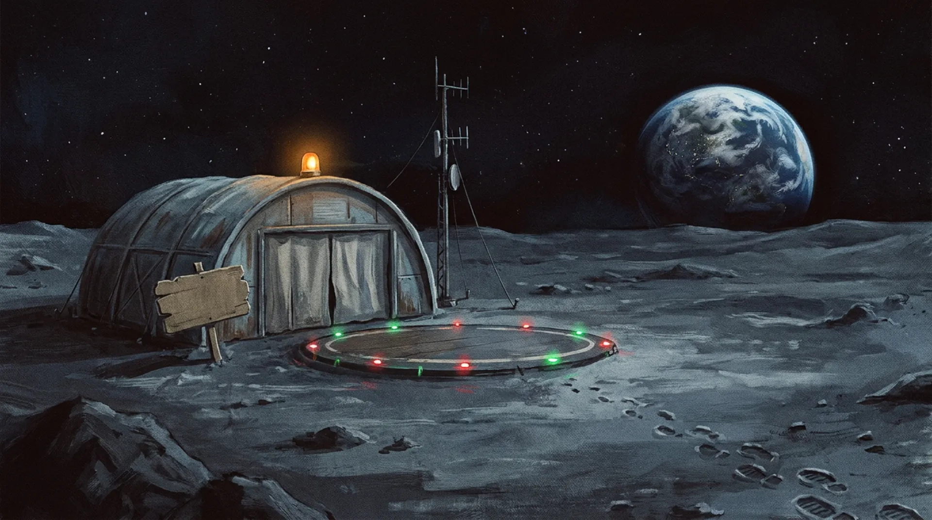 A lonely domed hangar on the Moon with an amber beacon, a ringed landing pad and footprints leading into the dark, Earth low on the horizon.