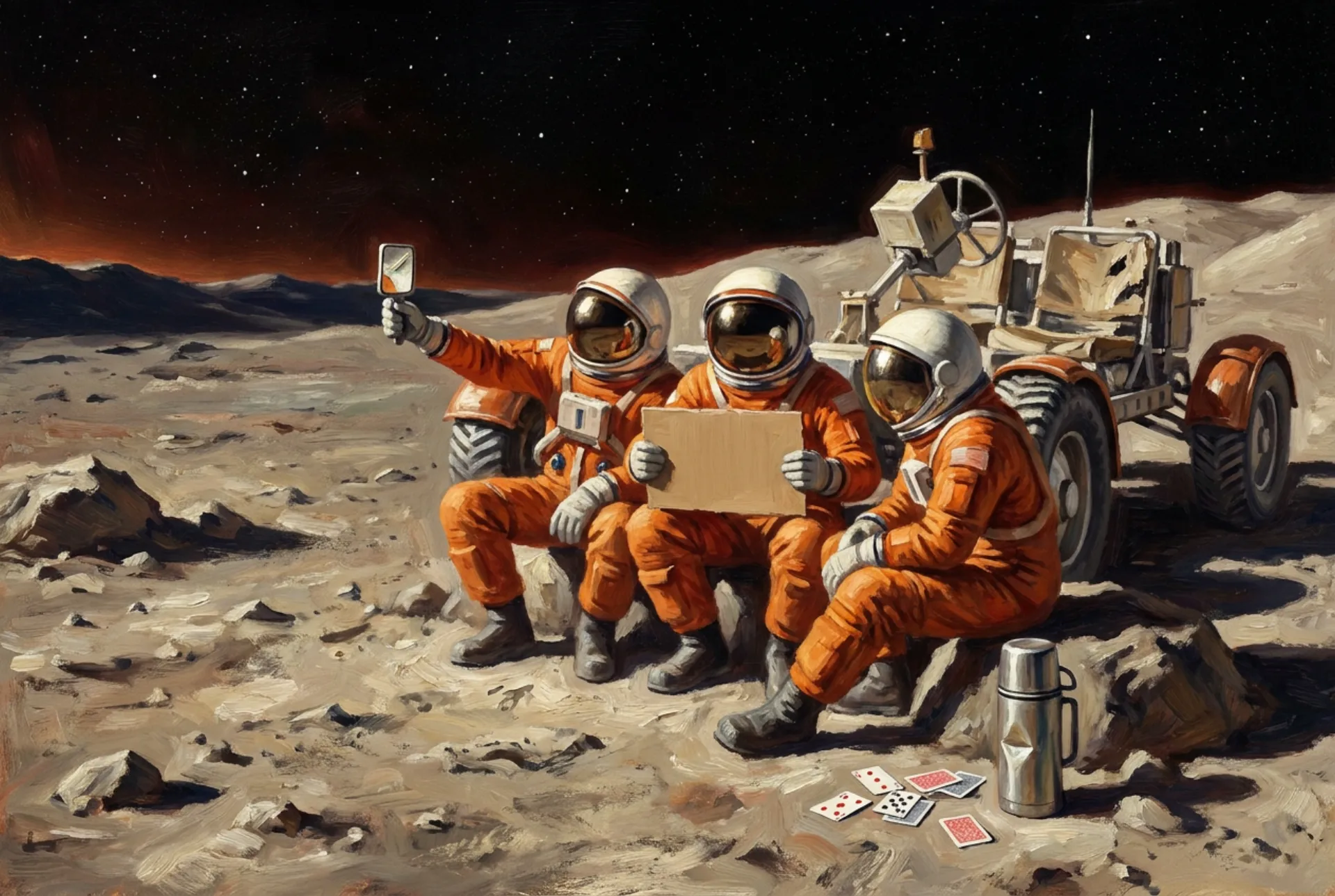 Three astronauts in orange suits wait beside a crashed rover; one holds up a blank square of cardboard, one flashes a mirror; a thermos and playing cards rest on a rock.