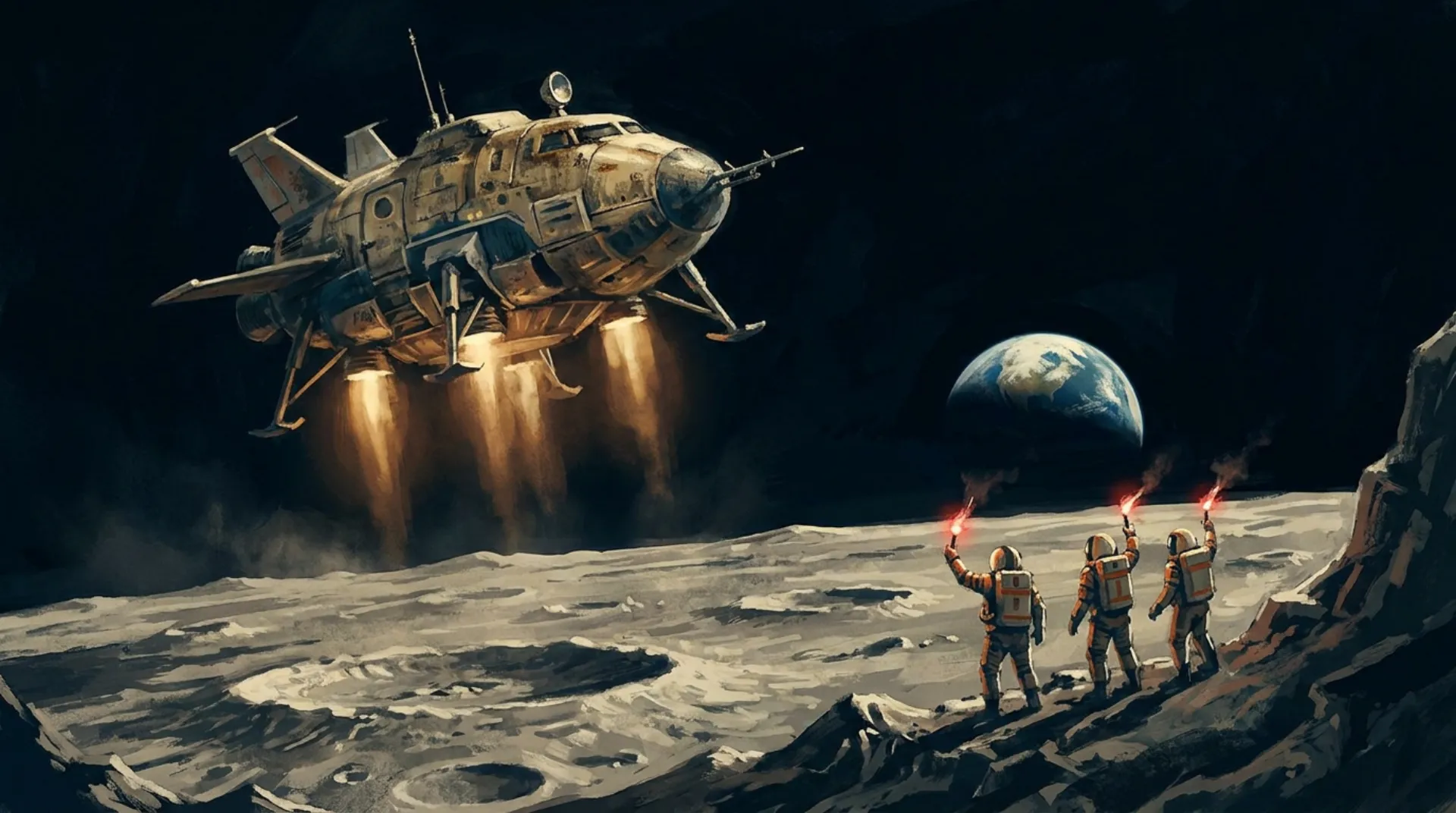 A battered rescue lander descends toward the Moon while three stranded astronauts wave red flares on a ridge, Earth rising behind them.